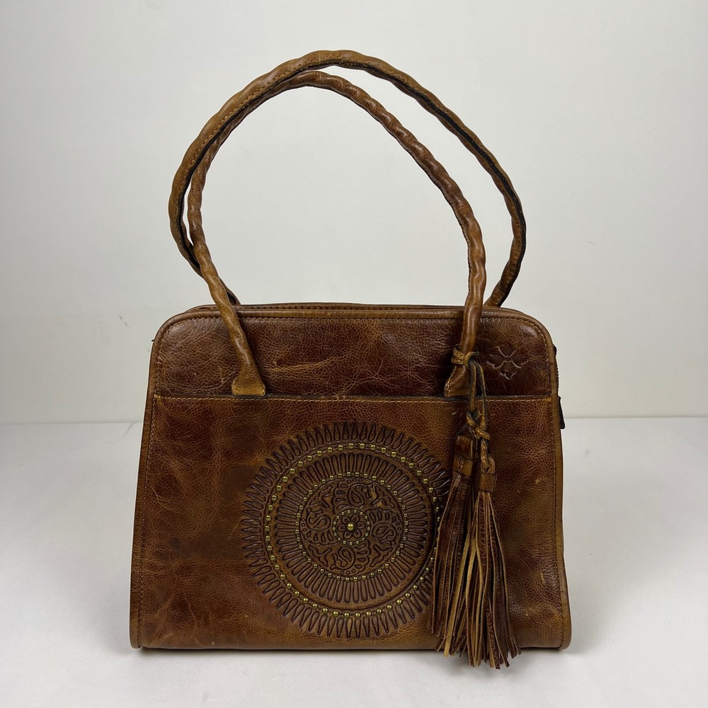 Patricia Nash Satchel Embossed Medallion Brown Leather Tassel Handbag Excellent
